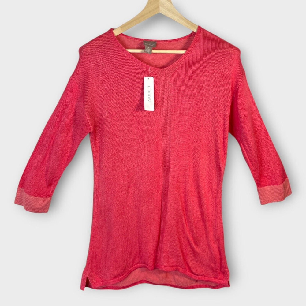 🦜 Chico's Top Pullover Sweater Women's 1 (M/8) V-neck Wild Tuberose Pink NWT